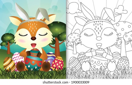 coloring book for kids themed easter with a cute deer using bunny ears headbands hugging eggs