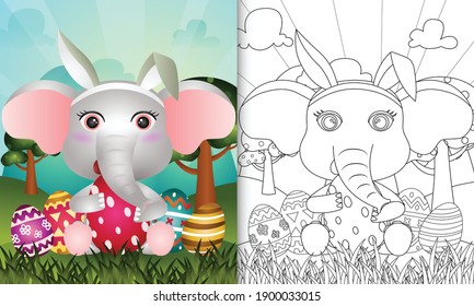 coloring book for kids themed easter with a cute elephant using bunny ears headbands hugging eggs