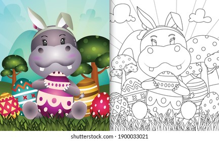 coloring book for kids themed easter with a cute hippo using bunny ears headbands hugging eggs