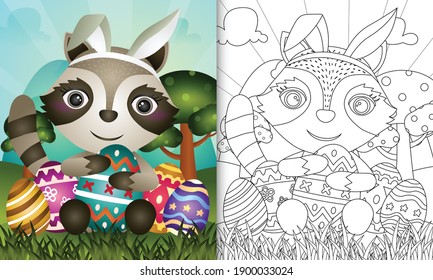 coloring book for kids themed easter with a cute raccoon using bunny ears headbands hugging eggs
