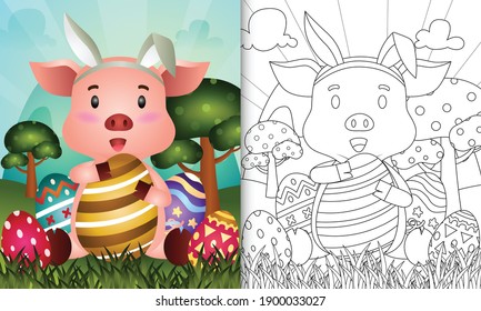 coloring book for kids themed easter with a cute pig using bunny ears headbands hugging eggs