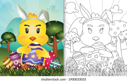 coloring book for kids themed easter with a cute chick using bunny ears headbands hugging eggs