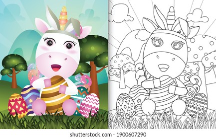 coloring book for kids themed easter with a cute unicorn using bunny ears headbands hugging eggs