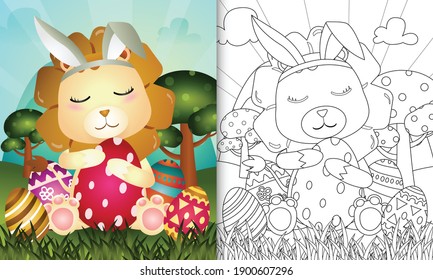 coloring book for kids themed easter with a cute lion using bunny ears headbands hugging eggs