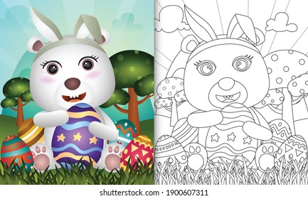 coloring book for kids themed easter with a cute polar bear using bunny ears headbands hugging eggs