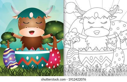 coloring book for kids themed happy easter day with character illustration of a cute buffalo in the egg
