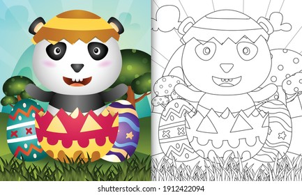 coloring book for kids themed happy easter day with character illustration of a cute panda in the egg
