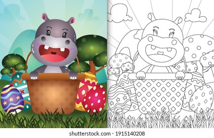 coloring book for kids themed happy easter day with character illustration of a cute hippo in the bucket egg