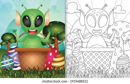 coloring book for kids themed happy easter day with character illustration of a cute alien in the bucket egg