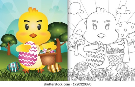 coloring book for kids themed happy easter day with character illustration of a cute chick holding the bucket egg and easter egg