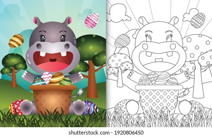 coloring book for kids themed happy easter day with character illustration of a cute hippo in the bucket egg