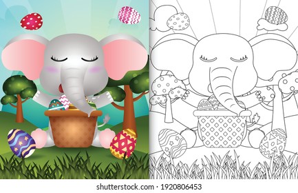 coloring book for kids themed happy easter day with character illustration of a cute elephant in the bucket egg