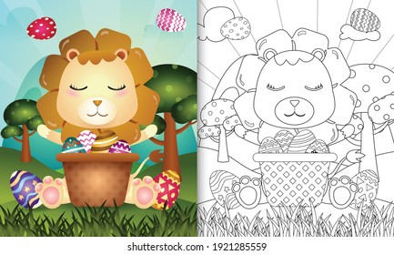 coloring book for kids themed happy easter day with character illustration of a cute lion in the bucket egg
