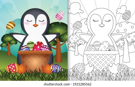 coloring book for kids themed happy easter day with character illustration of a cute penguin in the bucket egg