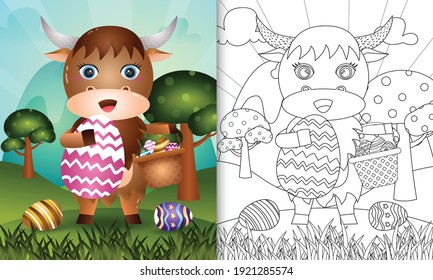 coloring book for kids themed happy easter day with character illustration of a cute buffalo holding the bucket egg and easter egg