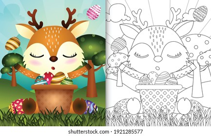 coloring book for kids themed happy easter day with character illustration of a cute deer in the bucket egg