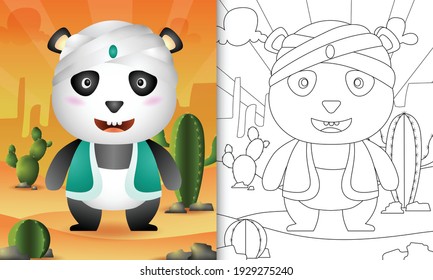 coloring book for kids themed ramadan with a cute panda using arabic traditional costume
