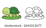 Coloring Book For Kids Tiny turtle crawling over soft grass Outline Vector Illustration