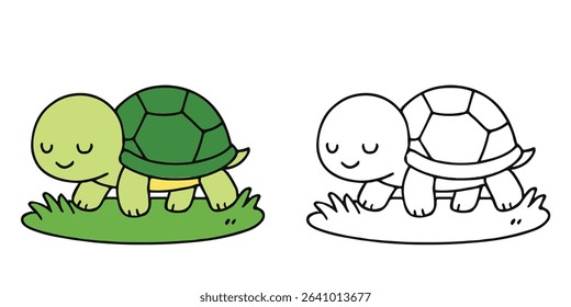 Coloring Book For Kids Tiny turtle crawling over soft grass Outline Vector Illustration