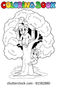 Coloring Book With Kids And Tree - Vector Illustration.