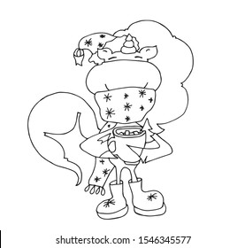 Coloring book for kids - unicorn in a Christmas hat and scarf drinks cocoa. Winter. New Year and Merry Christmas spirit. Black and white cute cartoon unicorns. Vector illustration.