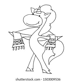 Coloring book for kids - unicorn is dancing with a towel on his shoulders. Black and white cute cartoon unicorns. Vector illustration.