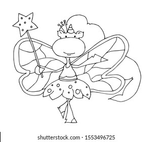 Coloring book for kids - unicorn fairy with a magic wand and wings. Party spirit. Black and white cute cartoon unicorns. Vector illustration.	