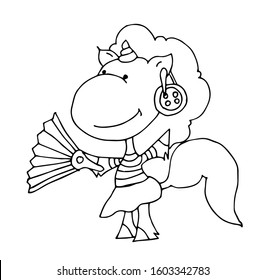 Coloring book for kids - unicorn fashionista with a fan in her hands and a button earring. Black and white cute cartoon unicorns. Vector illustration.	