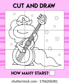 Coloring book for kids - unicorn with a guitar. Black and white cute cartoon unicorns. Use scissors to create the Puzzle. Count the stars. Vector illustration.	