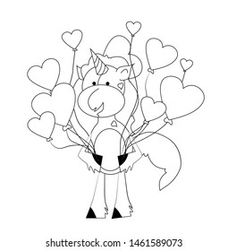 Coloring book for kids - unicorn with hearts. Black and white cute cartoon unicorns. Vector illustration.	