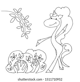 Coloring book for kids - unicorn joyfully walks in the park, examines twigs. Black and white cute cartoon unicorns. Vector illustration.	