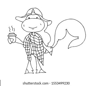 Coloring book for kids - unicorn in a large checkered scarf and a cup of cocoa. Winter. Party spirit. Black and white cute cartoon unicorns. Vector illustration.