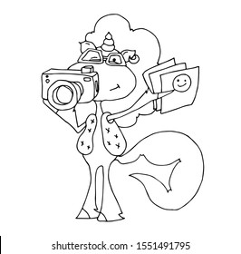 Coloring book for kids - unicorn photographer with a camera and photographs in his hands. Black and white cute cartoon unicorn. Vector illustration.	