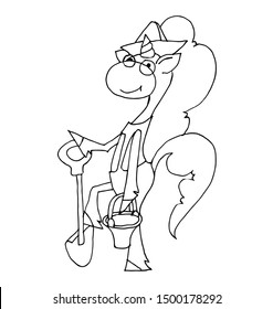 Coloring book for kids - unicorn is wearing glasses with a shovel and a bucket in his hands, is going to dig.. Black and white cute cartoon unicorns. Vector illustration.	