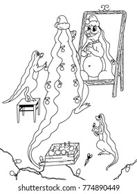 Coloring book for kids. Vector. Funny page. Family of crocodiles. Christmas tree decoration. Happy New Year card. Santa hat.