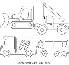 Coloring book for kids Vector illustration of ice cream trucks, crane,van
