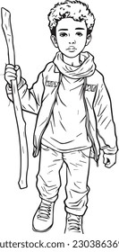 coloring book for kids, villager guy, boy having a rod in hand, 100% editable colorable