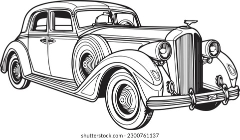 coloring book for kids, vintage car illustration, black and white, 100% editable colorable