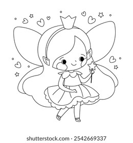 Coloring book for kids with winged princess. Simple coloring book for kids, outline of fairy fairy. Vector template