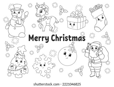 Coloring book for kids. Winter clipart. Cheerful characters. Vector illustration. Cute cartoon style. Black contour silhouette. Isolated on white background.