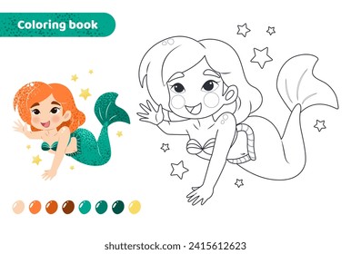 Coloring book for kids. Worksheet for drawing with cartoon mermaid. Cute magical creature with stars. Coloring page with color palette for children. Vector illustration. 