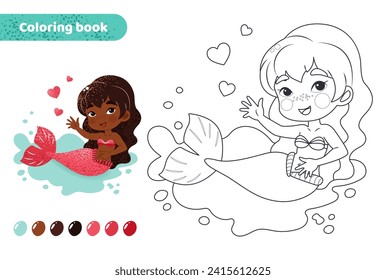 Coloring book for kids. Worksheet for drawing with cartoon mermaid. Cute magical creature with hearts. Coloring page with color palette for children. Vector illustration. 