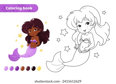 Farbbuch für Kinder. Arbeitsblatt zum Zeichnen mit Cartoon Mermaid. Zauberhafte Kreatur mit Sternen. Farbseite mit Farbpalette für Kinder. Vektorgrafik. 