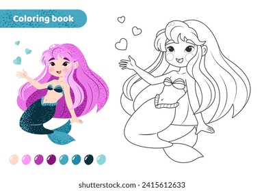 Coloring book for kids. Worksheet for drawing with cartoon mermaid. Cute magical creature. Coloring page with color palette for children. Vector illustration. 