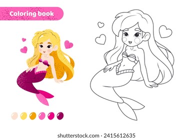 Coloring book for kids. Worksheet for drawing with cartoon mermaid. Cute magical creature. Coloring page with color palette for children. Vector illustration. 