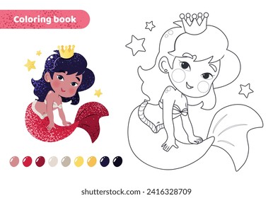 Coloring book for kids. Worksheet for drawing with cartoon mermaid. Cute magical creature with crown and stars. Coloring page with color palette for children. Vector illustration. 