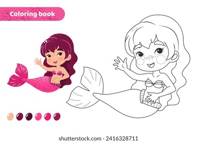 Farbbuch für Kinder. Arbeitsblatt zum Zeichnen mit Cartoon Mermaid. Zauberhafte Kreatur mit Schwanz. Farbseite mit Farbpalette für Kinder. Vektorgrafik. 