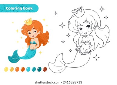 Coloring book for kids. Worksheet for drawing with cartoon mermaid. Cute magical creature with crown and stars. Coloring page with color palette for children. Vector illustration. 