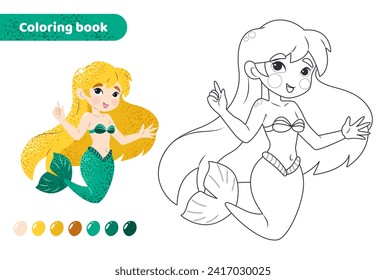 Coloring book for kids. Worksheet for drawing with cartoon mermaid. Cute magical creature with tail. Coloring page with color palette for children. Vector illustration. 