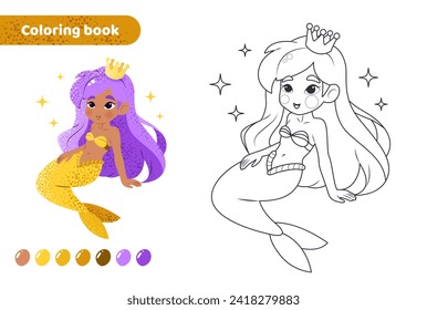 Coloring book for kids. Worksheet for drawing with cartoon mermaid. Cute magical creature. Coloring page with color palette for children. Vector illustration on white background. 